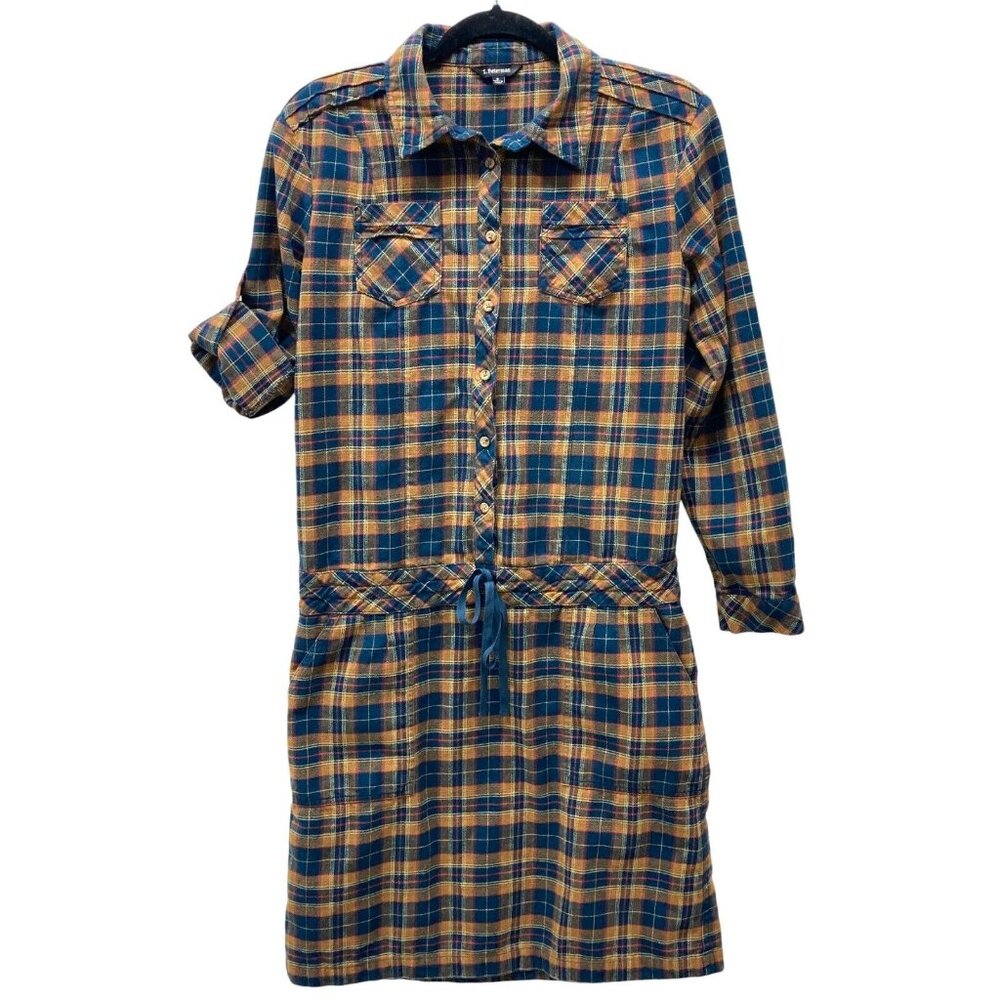 J. Peterman Plaid Shirt Dress, Size 6, Long or Roll Tab Sleeve Drawstring Waist